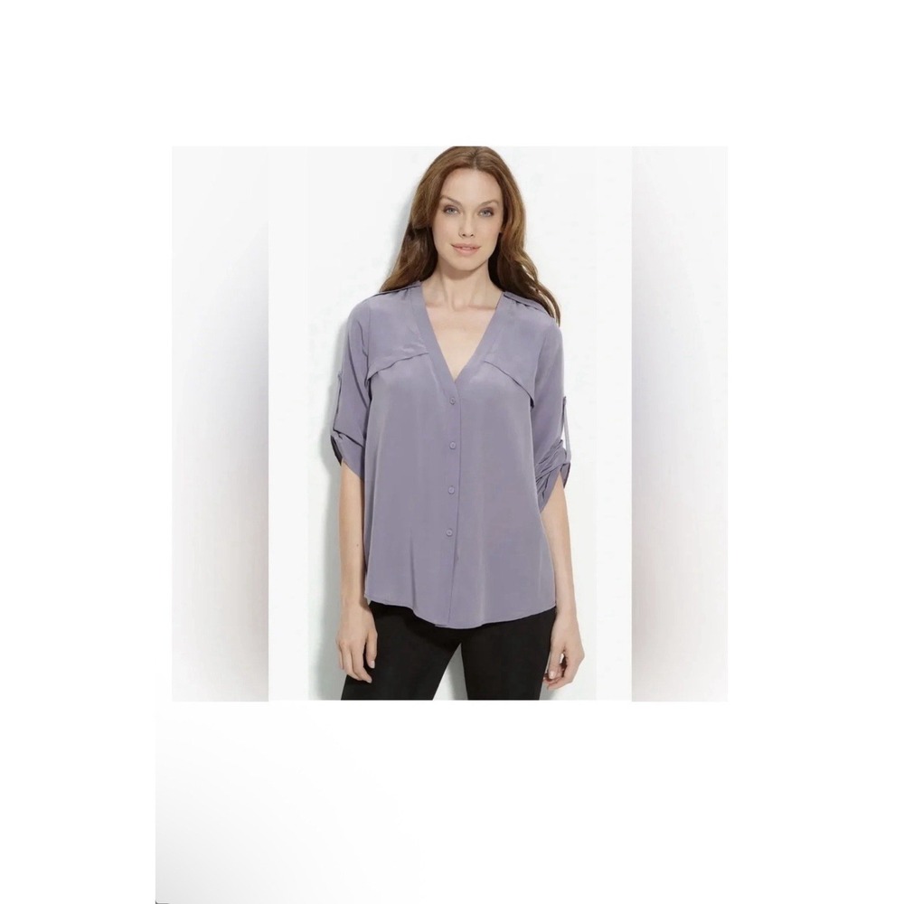 BCBG Maxazria Women's XS Frosted‎ Plum 3/4 Tab Sleeve Blouse 100% Silk Top NWOT